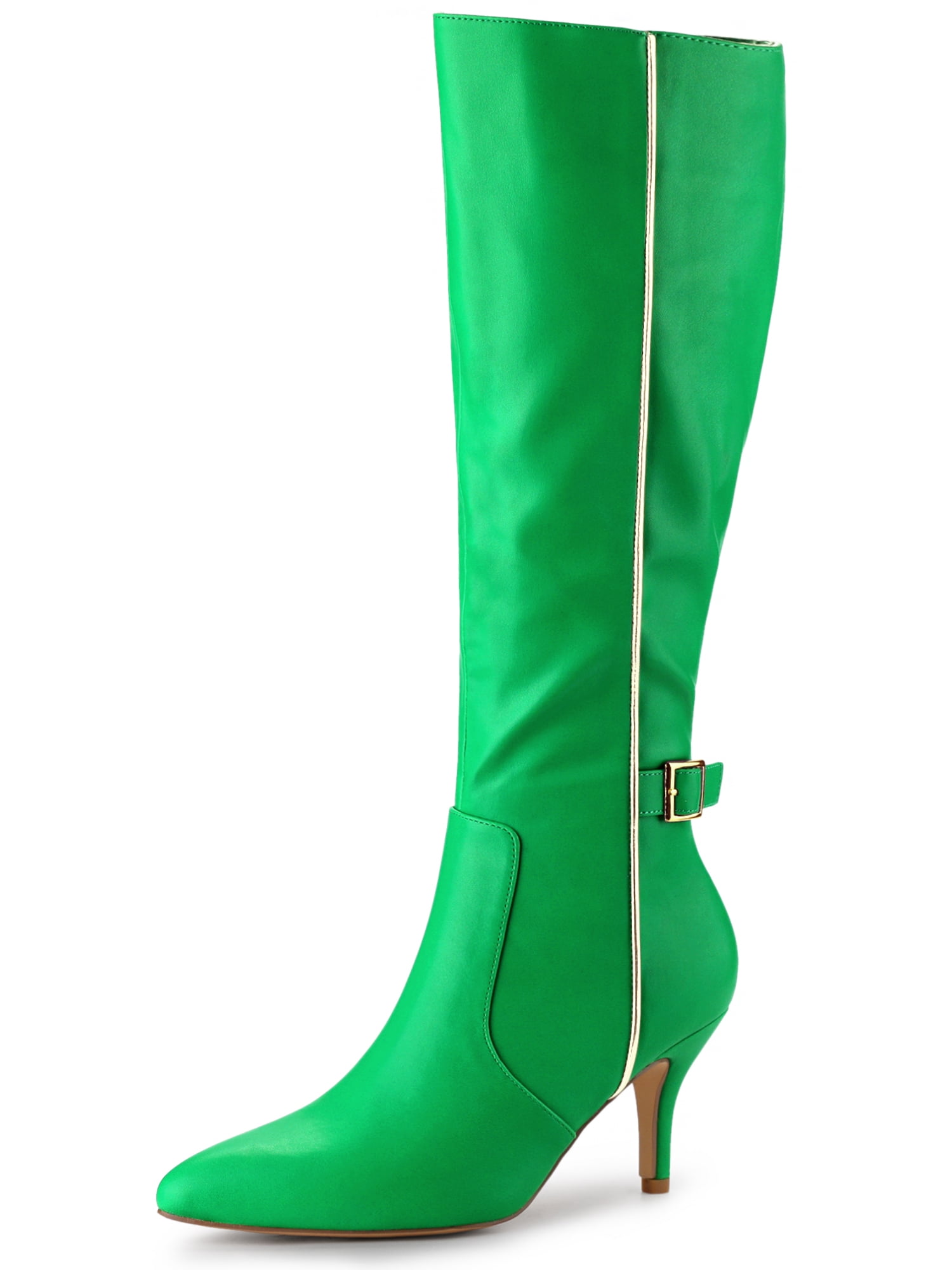 DARING DIVA Women's Pointy Toe Buckle Stiletto Heel Black Knee High Boots Grass Green 8
