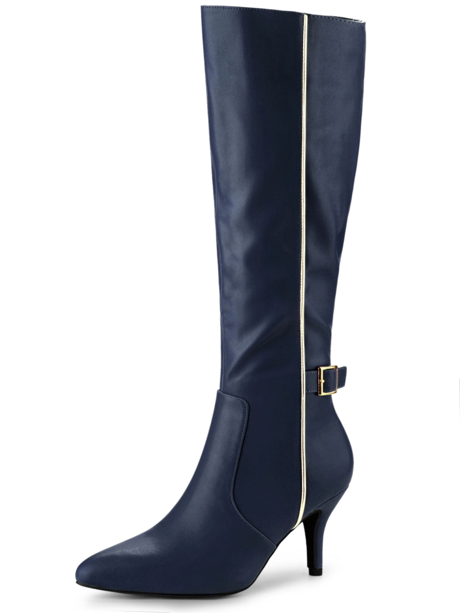 DARING DIVA Women's Pointy Toe Buckle Stiletto Heel Black Knee High Boots Navy Blue 7