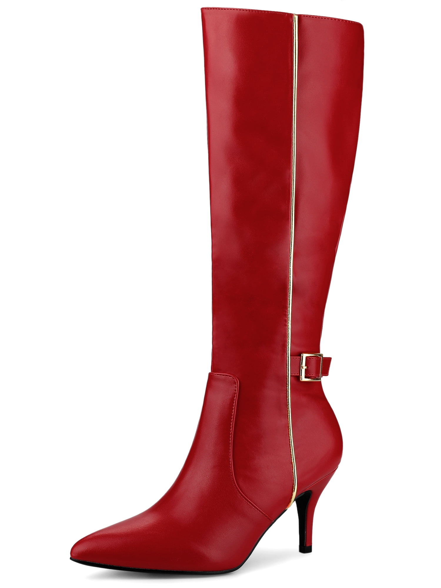 DARING DIVA Women's Pointy Toe Buckle Stiletto Heel Black Knee High Boots Red 9