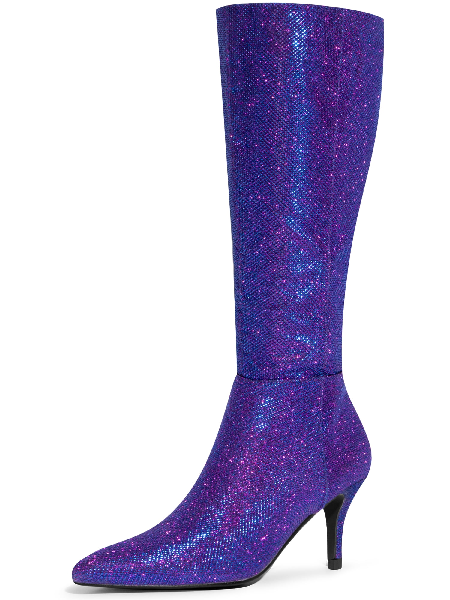 DARING DIVA Women's Pointy Toe Sparkle Glitter Stiletto Heel Knee High Boots Purple 6