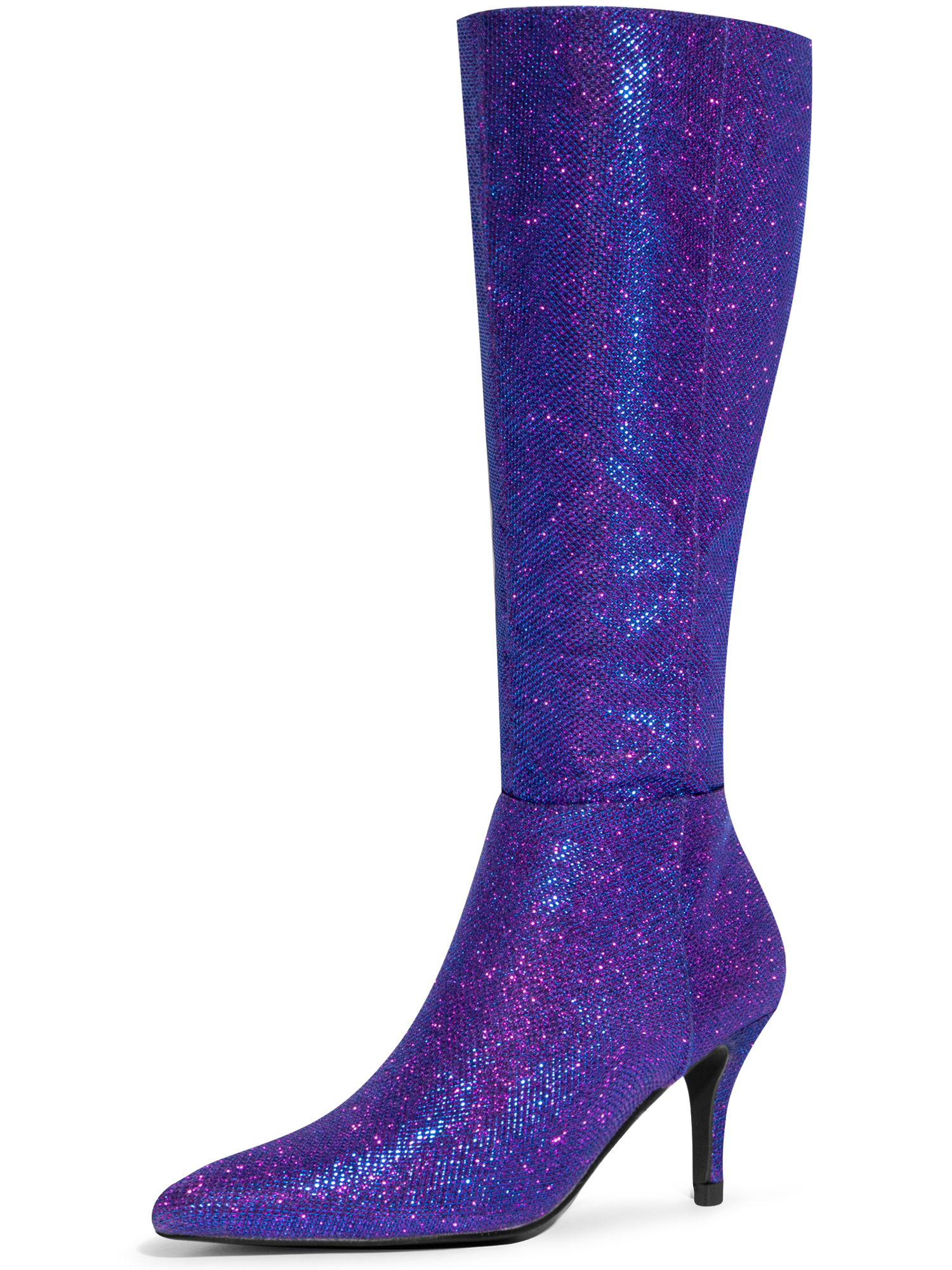 DARING DIVA Women's Pointy Toe Sparkle Glitter Stiletto Heel Knee High Boots Purple 8
