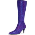 thumbnail image 1 of DARING DIVA Women's Pointy Toe Sparkle Glitter Stiletto Heel Knee High Boots Purple 9, 1 of 6