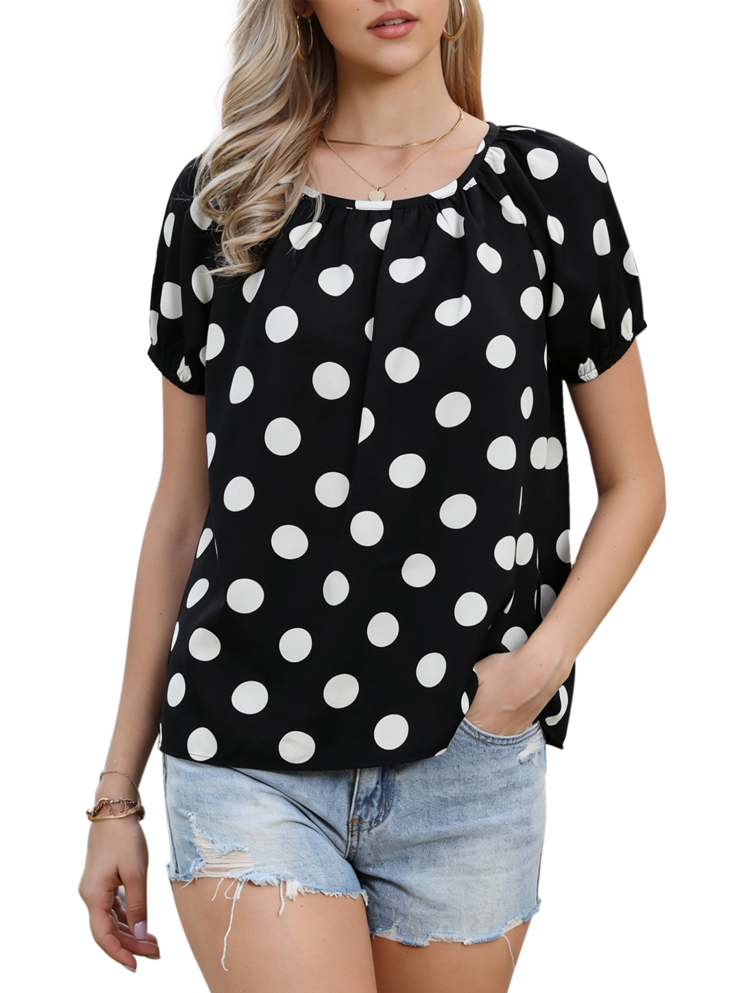 DARING DIVA Women's Polka Dot Top Vintage Short Sleeve Summer Casual Blouse M Black