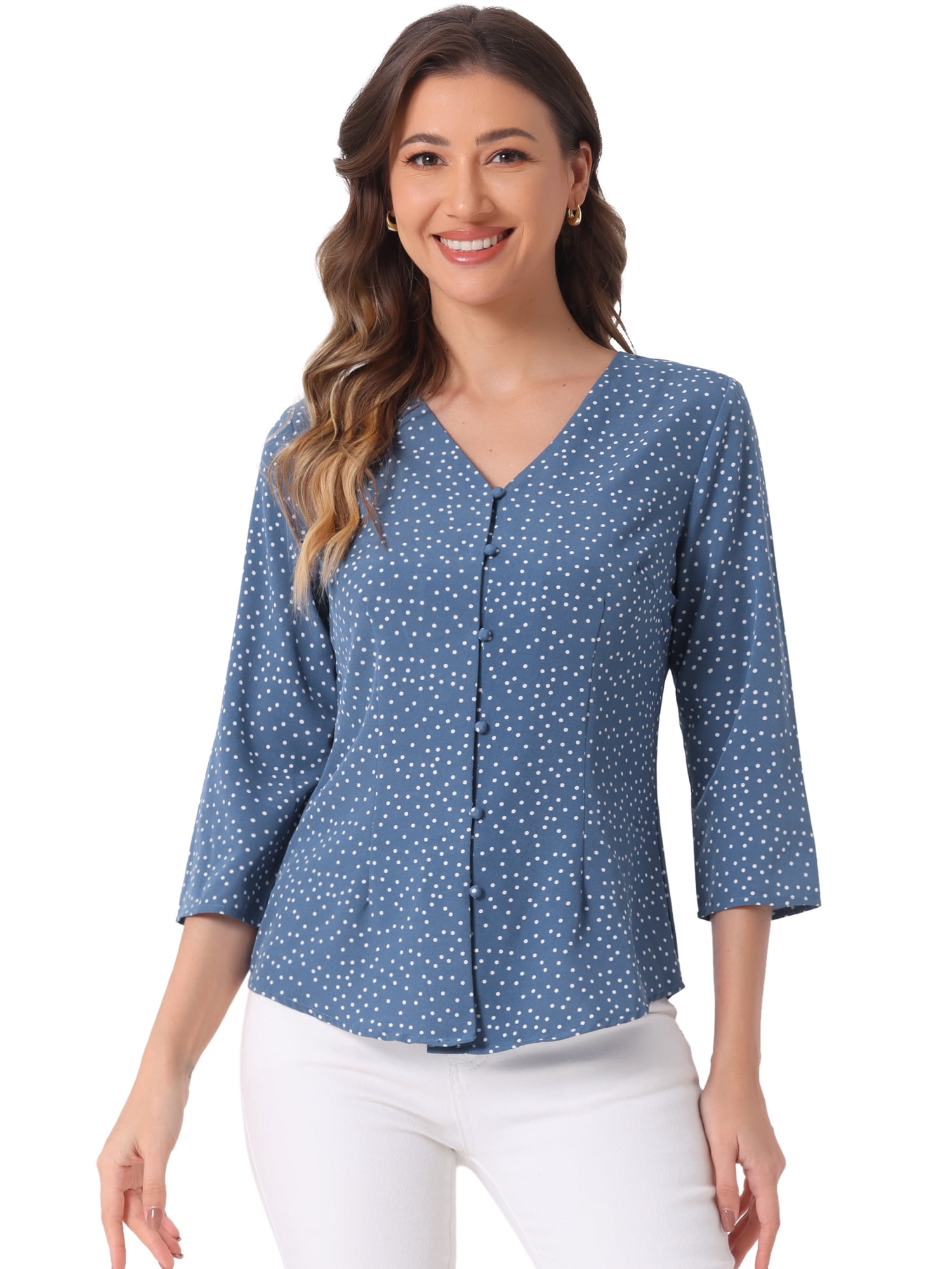 DARING DIVA Women's Polka Dots 3/4 Sleeve Button Blouse Top S Denim Blue