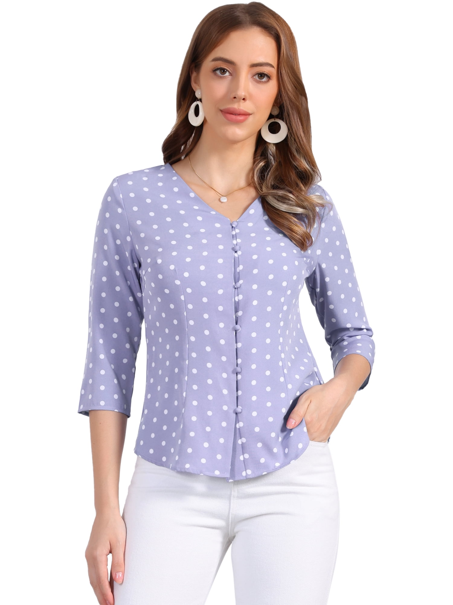 DARING DIVA Women's Polka Dots 3/4 Sleeve Button Front V Neck Blouse L Dusty Purple