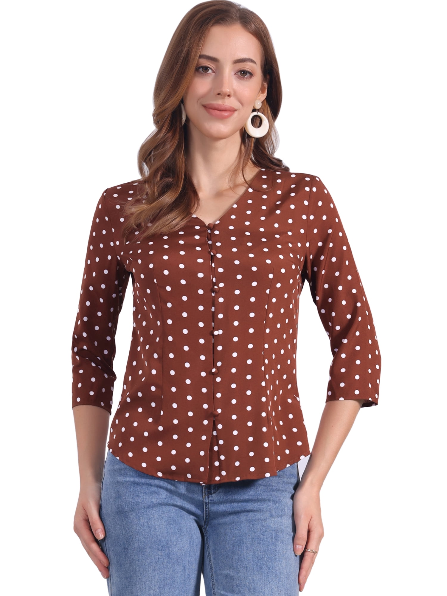 DARING DIVA Women's Polka Dots 3/4 Sleeve Button Front V Neck Blouse S Brown