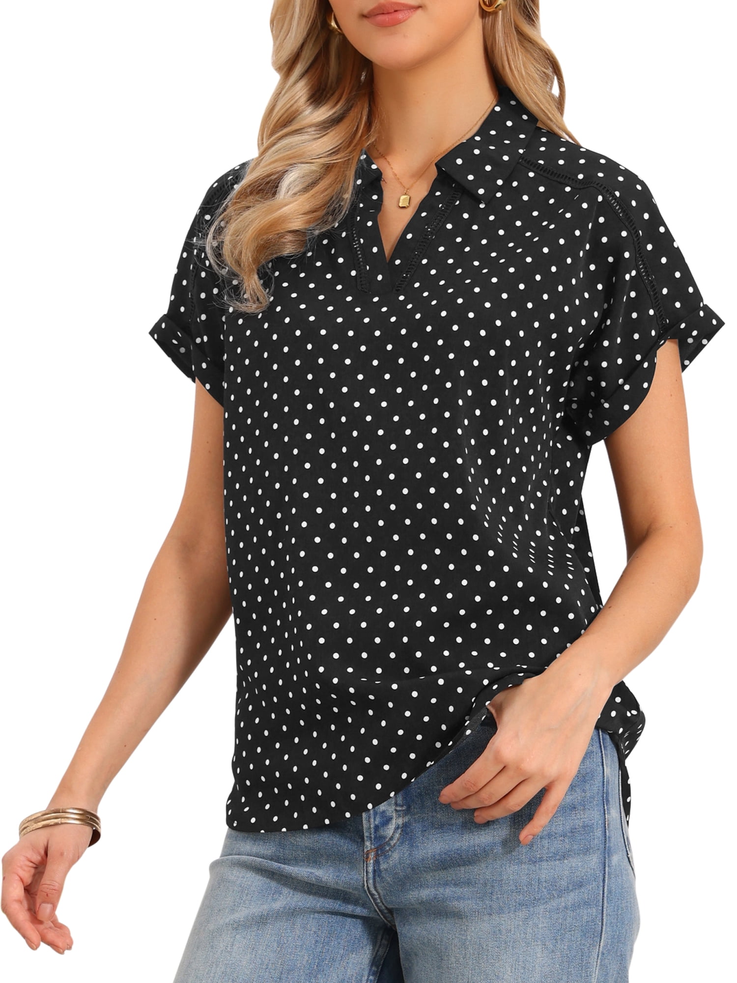 DARING DIVA Women's Polka Dots Blouse Short Sleeve Collar V Neck Work Office Top XL Black