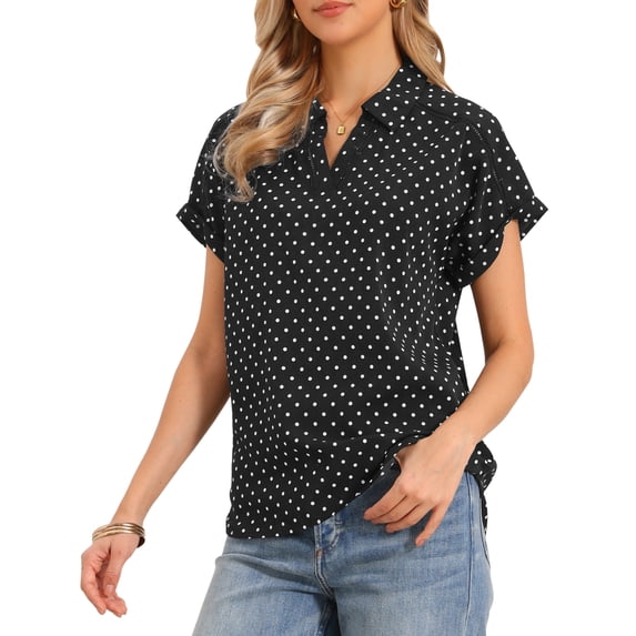 DARING DIVA Women's Polka Dots Blouse Short Sleeve Collar V Neck Work Office Top XS Black