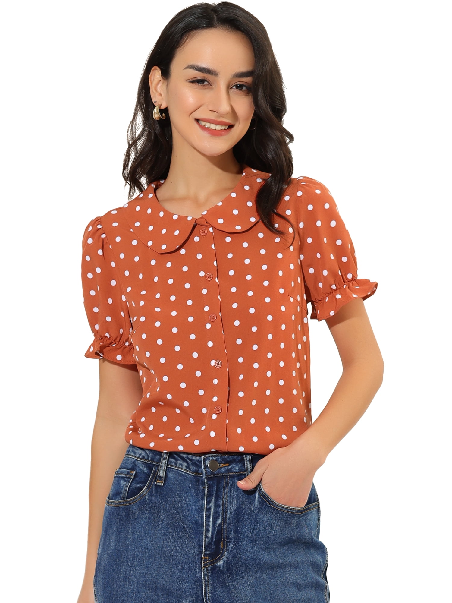 DARING DIVA Women's Polka Dots Doll Collar Puff Short Sleeve Shirts L Orange Red