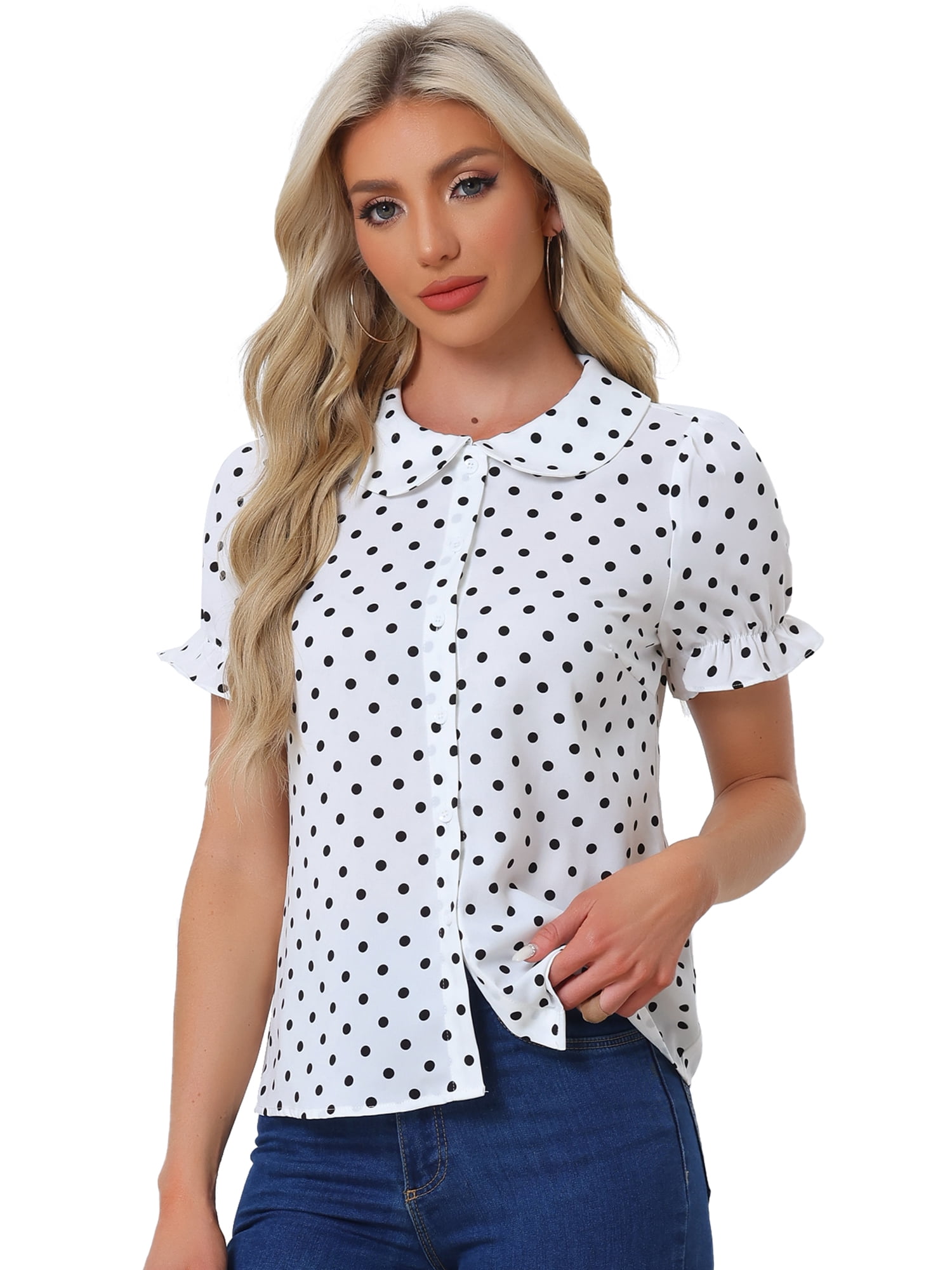 DARING DIVA Women's Polka Dots Doll Collar Puff Short Sleeve Shirts M White