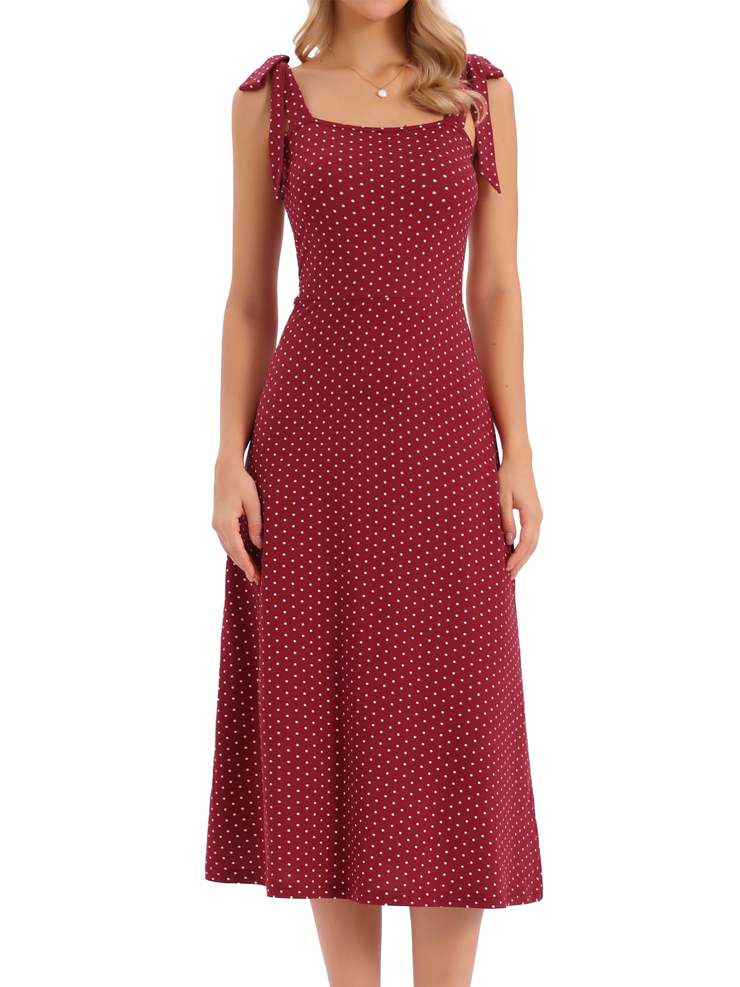 DARING DIVA Women's Polka Dots Dress Tie Shoulder Sleeveless A-Line Dresses XS Dark Red