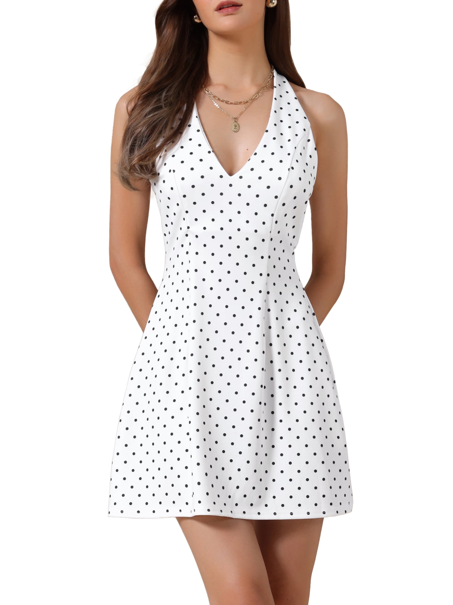 DARING DIVA Women's Polka Dots Dresses Halter Neck Sleeveless Mini Dress L White