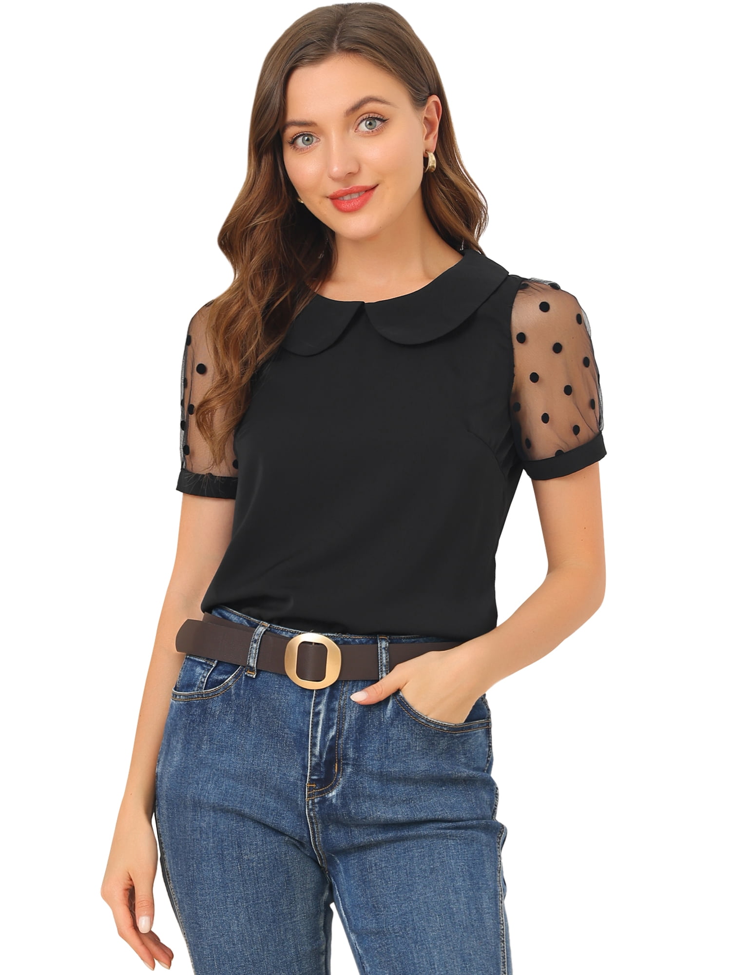 DARING DIVA Women's Polka Dots Mesh Peter Pan Collar Blouse L Black