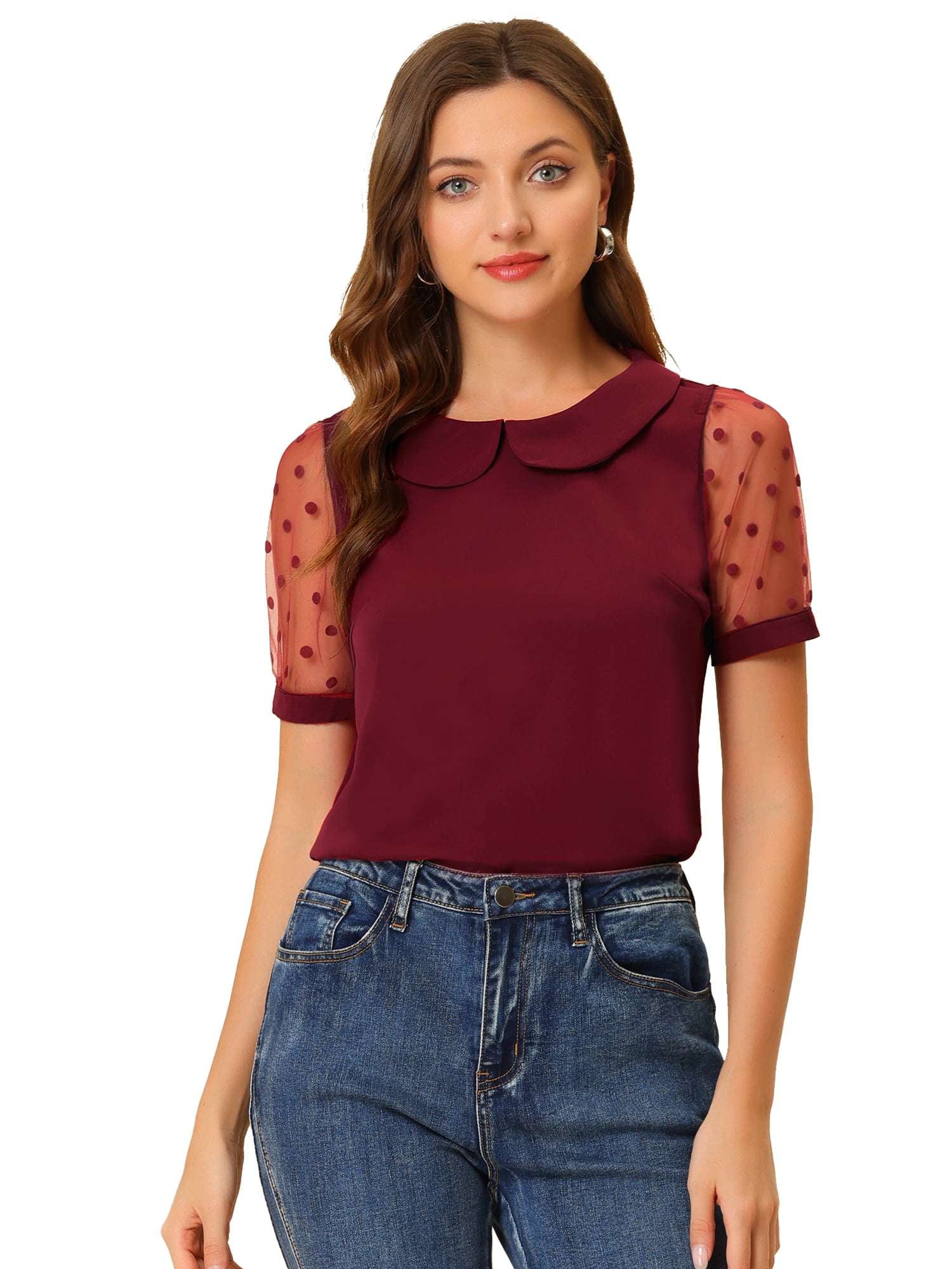 DARING DIVA Women's Polka Dots Mesh Peter Pan Collar Blouse L Wine Red