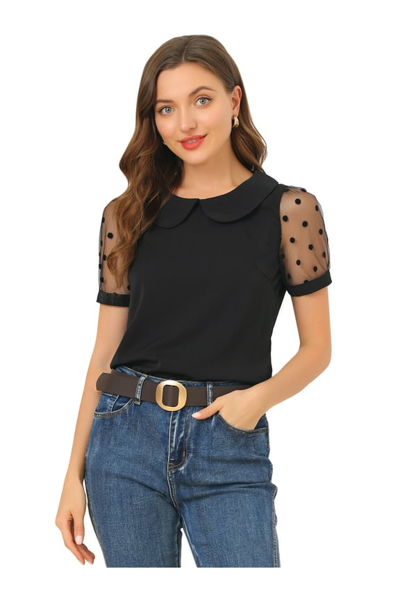 Women's Polka Dots Mesh Peter Pan Collar Blouse M Black