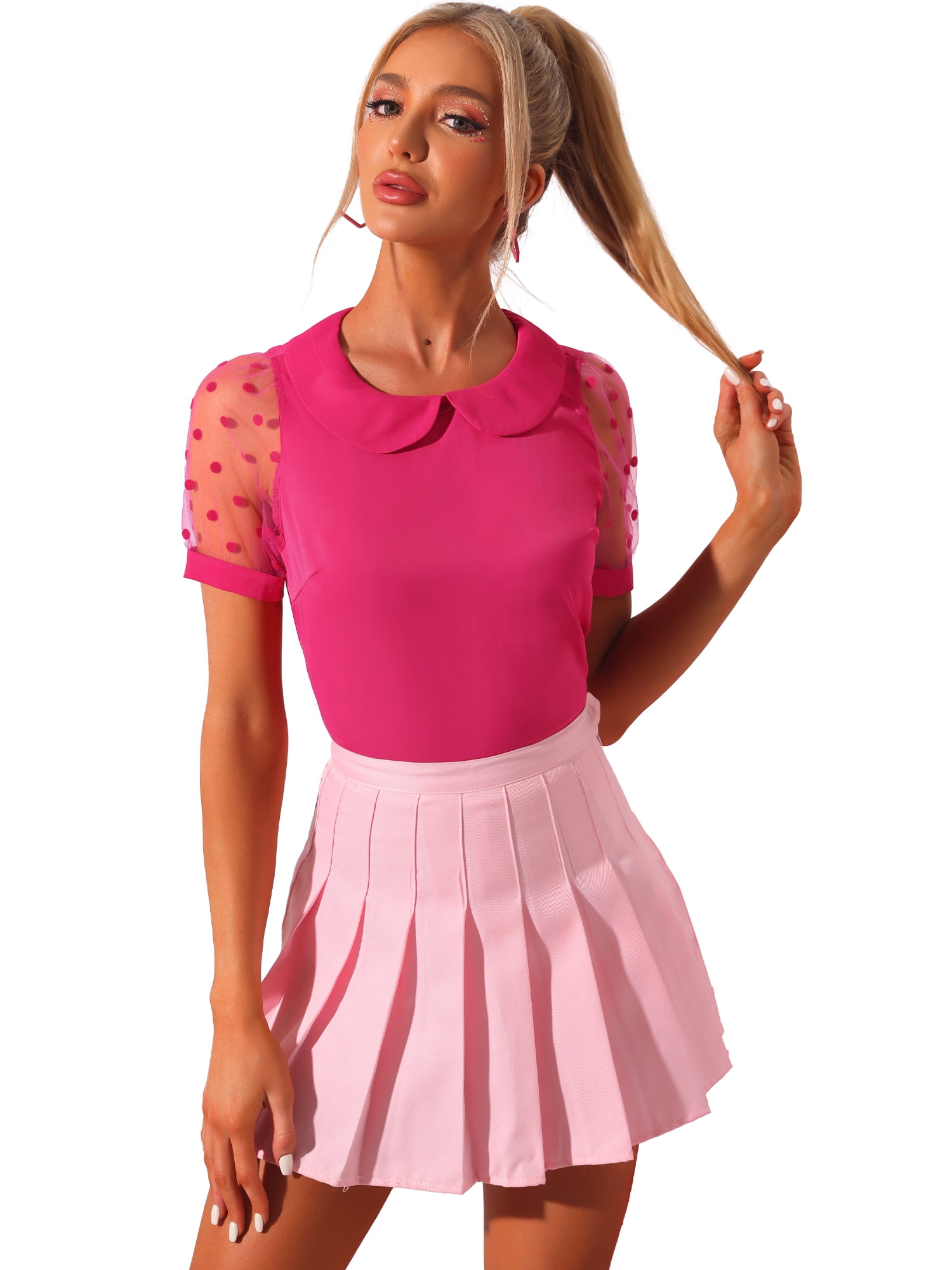 DARING DIVA Women's Polka Dots Mesh Peter Pan Collar Blouse S Hot Pink