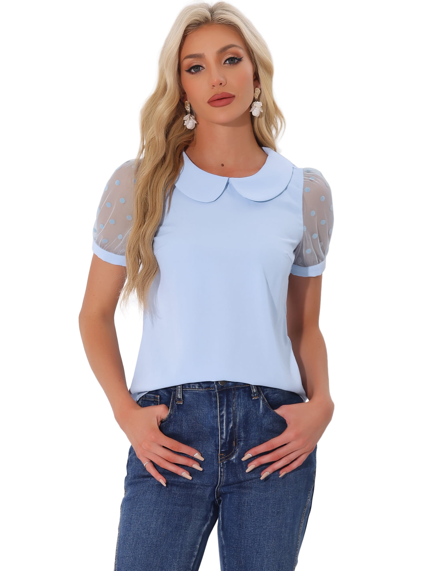 DARING DIVA Women's Polka Dots Mesh Peter Pan Collar Blouse S Light Blue