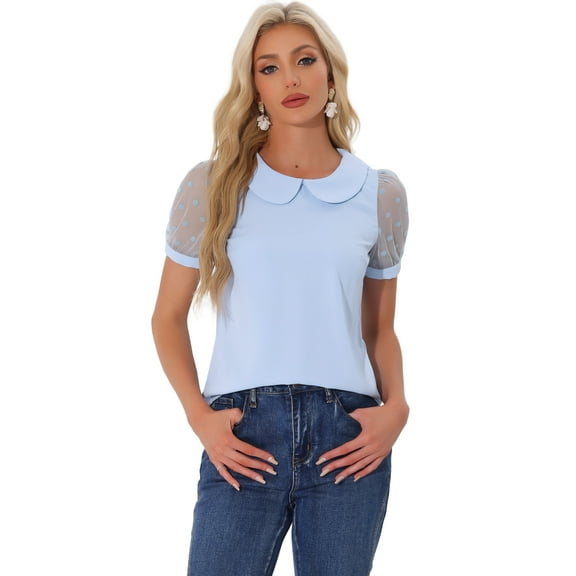 DARING DIVA Women's Polka Dots Mesh Peter Pan Collar Blouse S Light Blue