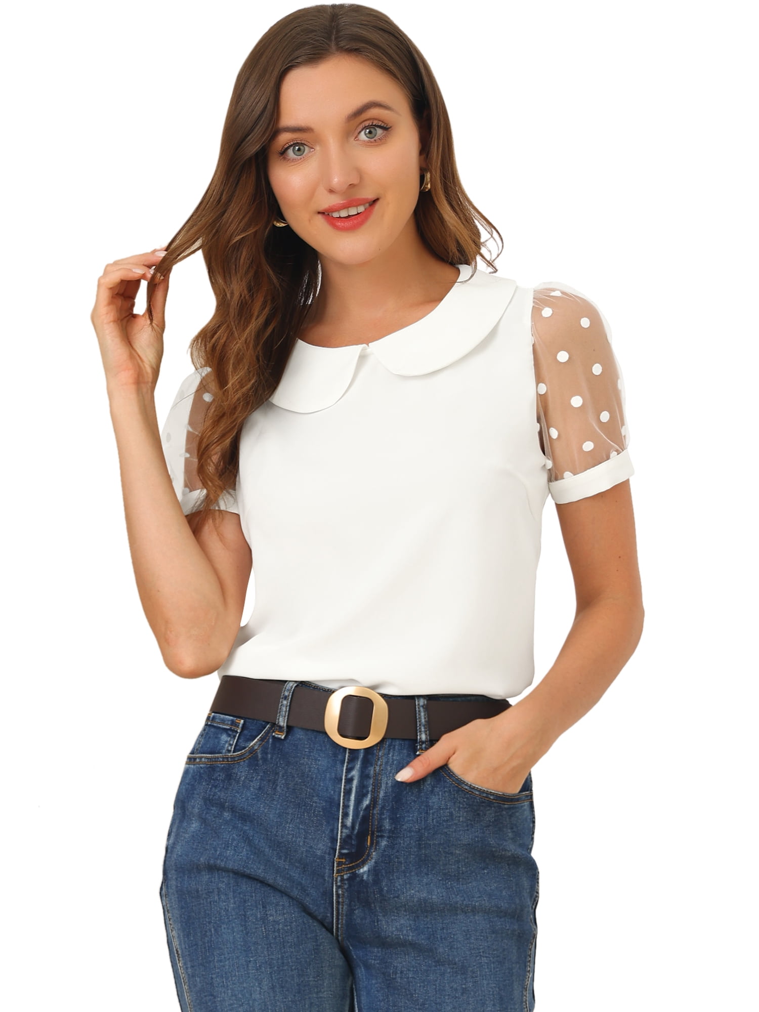 DARING DIVA Women's Polka Dots Mesh Peter Pan Collar Blouse S White