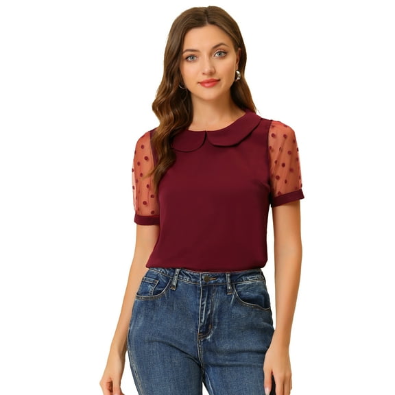 DARING DIVA Women's Polka Dots Mesh Peter Pan Collar Blouse S Wine Red