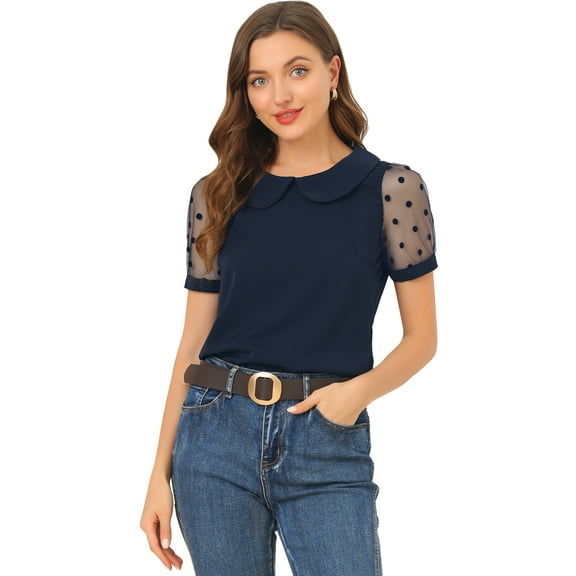 DARING DIVA Women's Polka Dots Mesh Peter Pan Collar Blouse XL Navy Blue