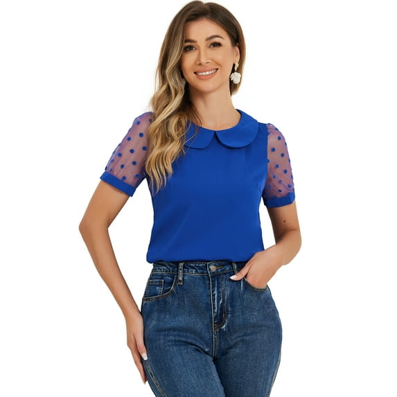 DARING DIVA Women's Polka Dots Mesh Peter Pan Collar Blouse XL Royal Blue