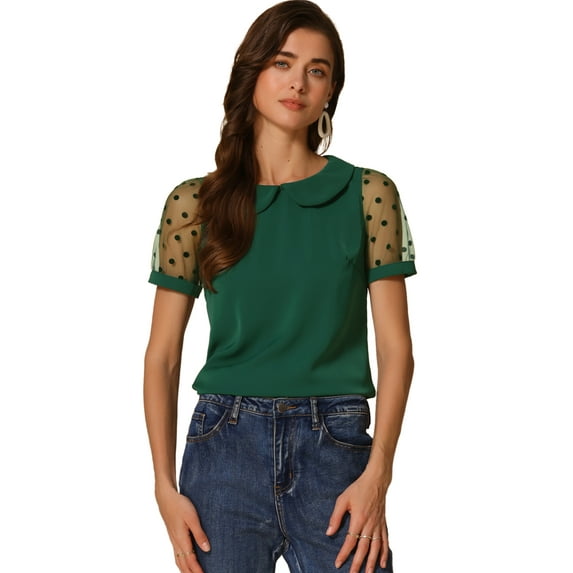 DARING DIVA Women's Polka Dots Mesh Peter Pan Collar Blouse XS Dark Green