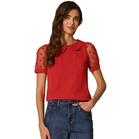 DARING DIVA Women's Polka Dots Mesh Peter Pan Collar Blouse XS Red