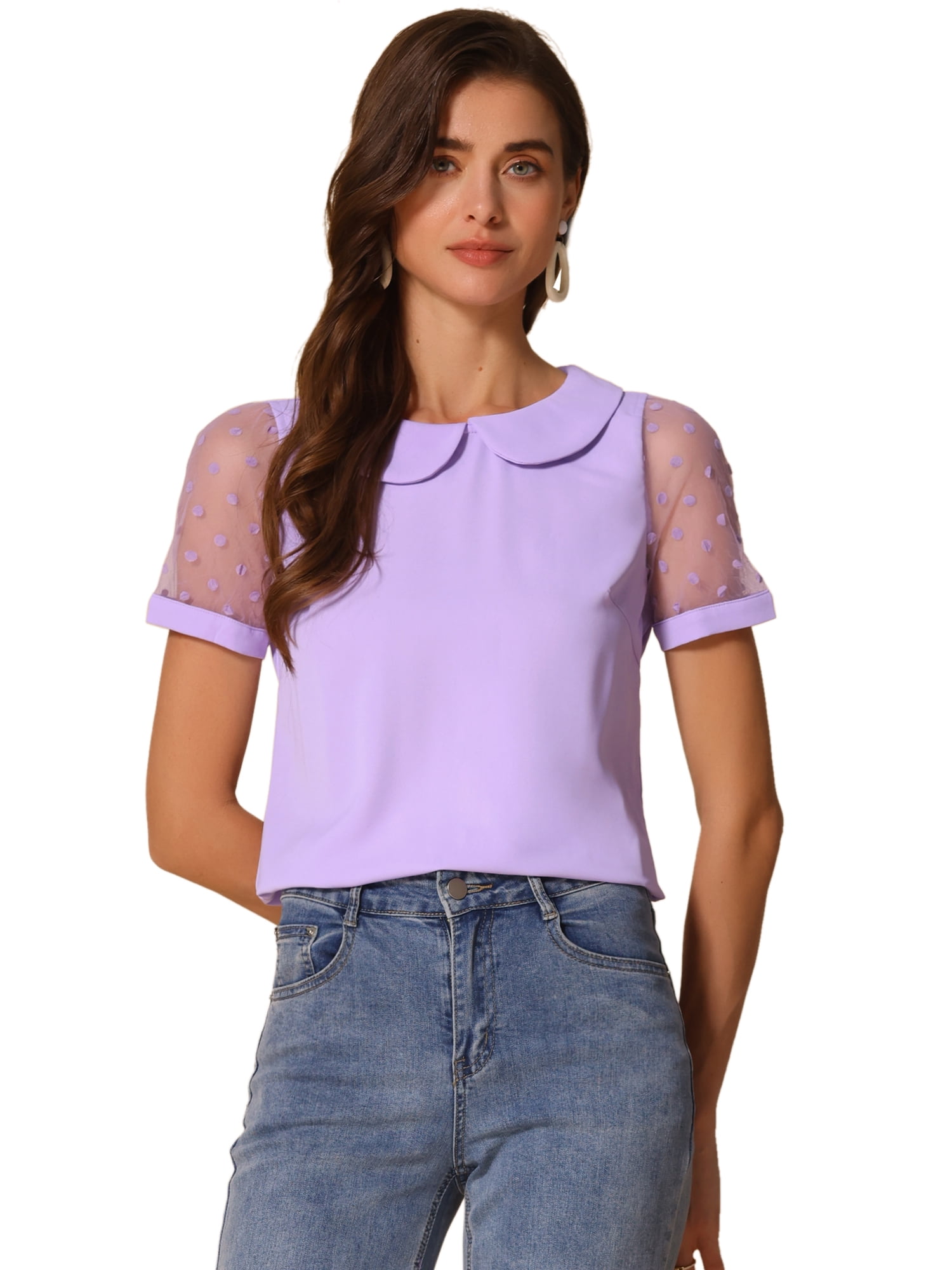 DARING DIVA Women #39 s Polka Dots Mesh Peter Pan Collar Blouses L Purple DARING DIVA Women #39 s Polka Dots Mesh Peter Pan Collar Blouses L Purple