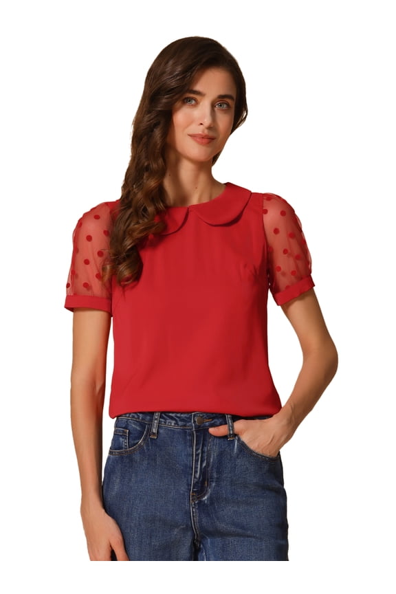 Women's Polka Dots Mesh Peter Pan Collar Blouses L Red
