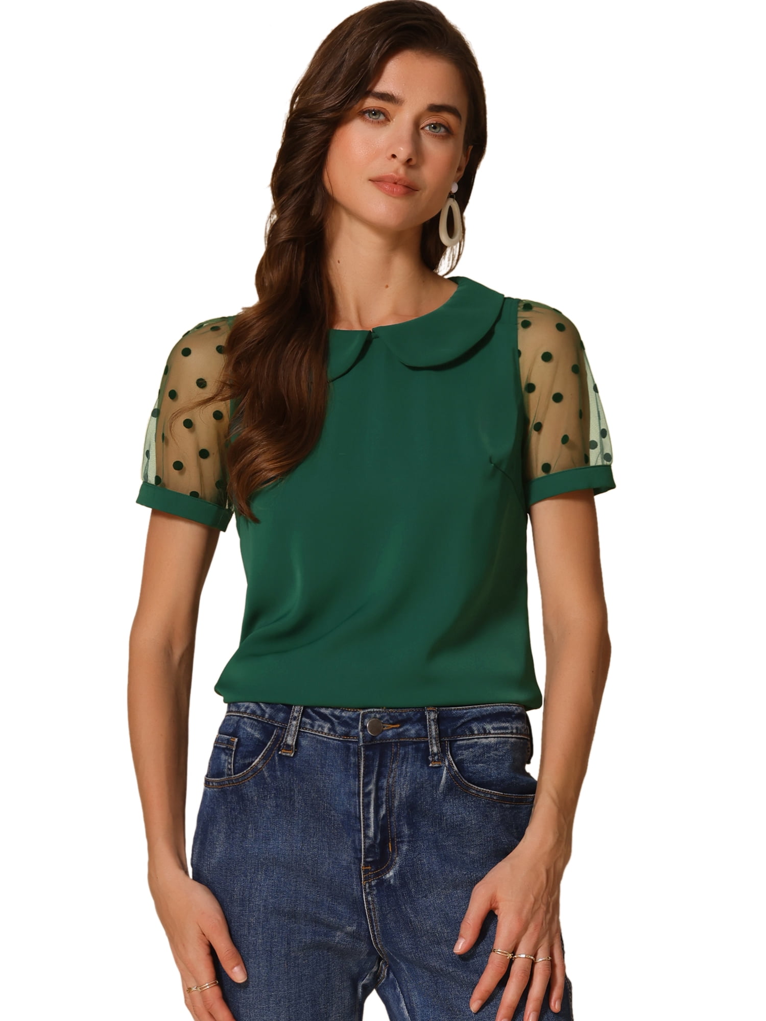 DARING DIVA Women's Polka Dots Mesh Peter Pan Collar Blouses M Dark Green