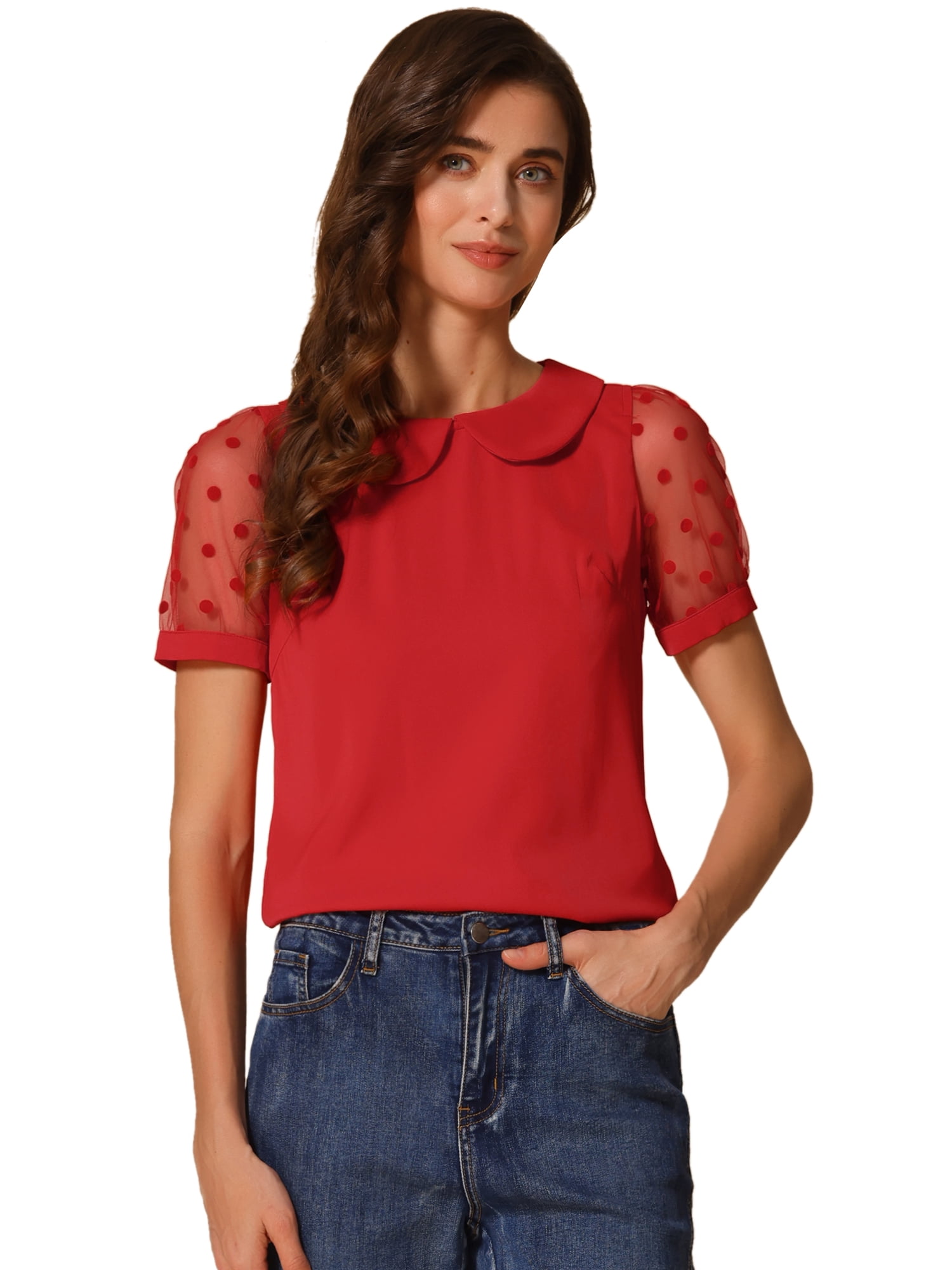 DARING DIVA Women's Polka Dots Mesh Peter Pan Collar Blouses M Red