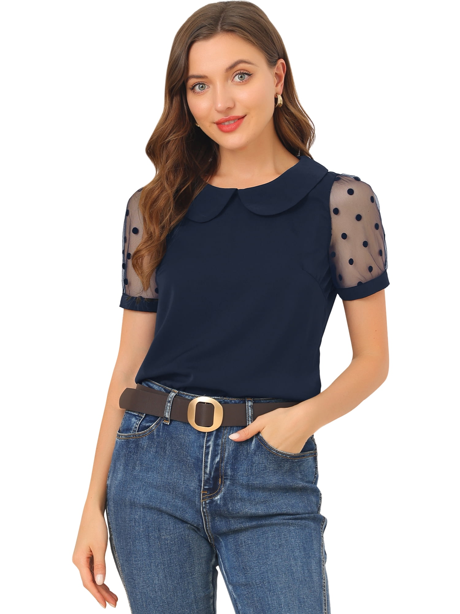 DARING DIVA Women's Polka Dots Mesh Peter Pan Collar Blouses XXL Navy Blue