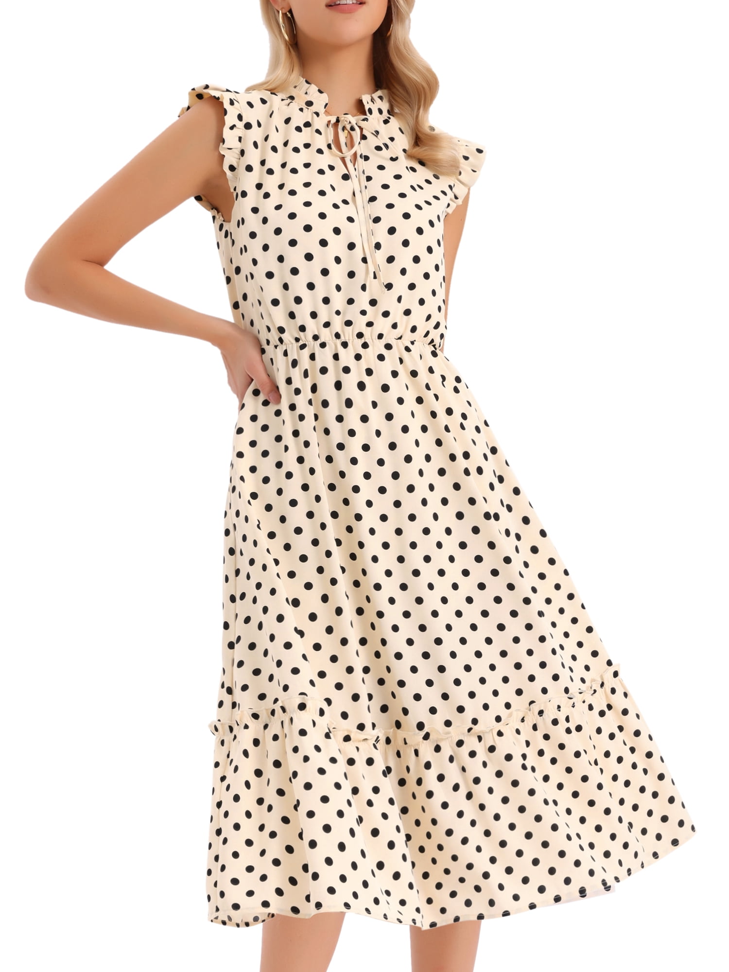 DARING DIVA Women's Polka Dots Midi Peasant Ruffle Sleeve V-Neck Dresses M Apricot