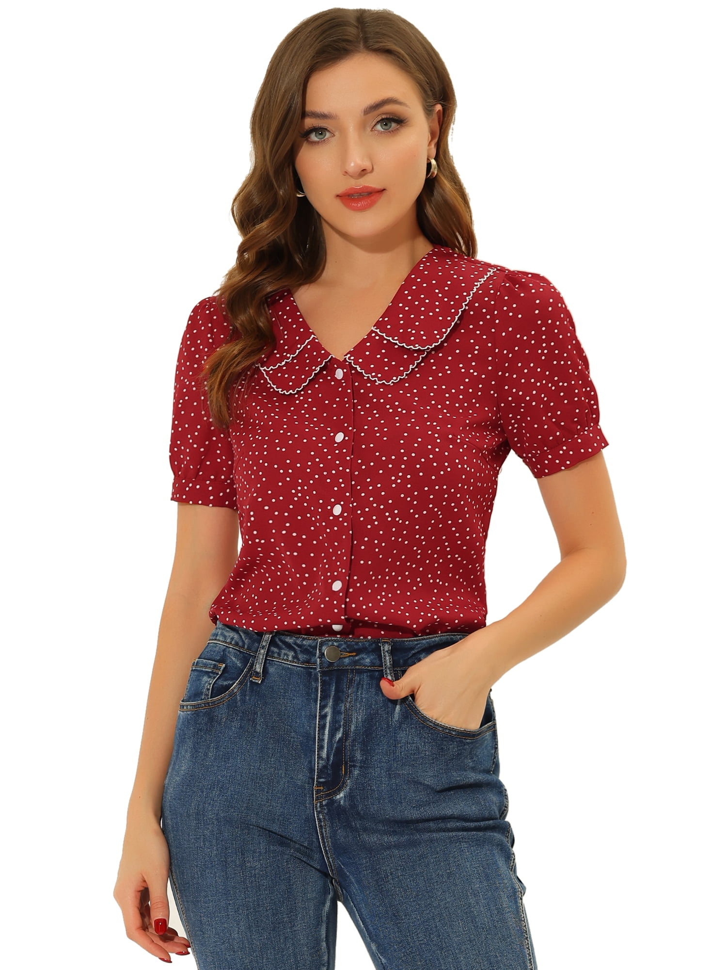 DARING DIVA Women's Polka Dots Peter Pan Collar Puff Sleeve Shirt 3XL Red