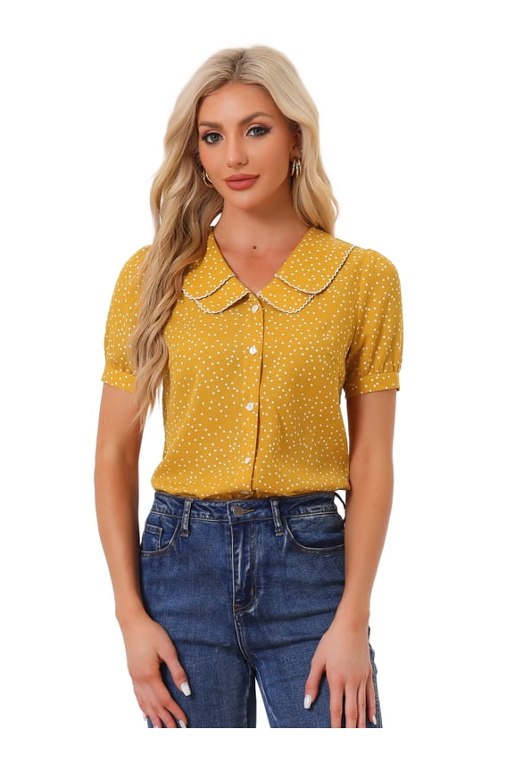 Women's Polka Dots Peter Pan Collar Puff Sleeve Shirt L Mustard
