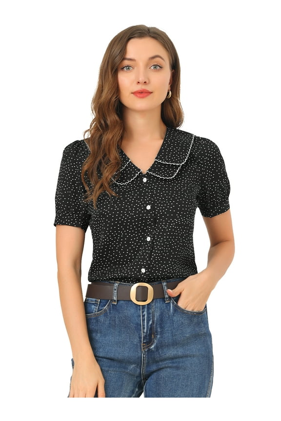Women's Polka Dots Peter Pan Collar Puff Sleeve Shirt S Black