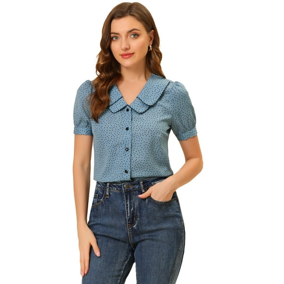 DARING DIVA Women's Polka Dots Peter Pan Collar Puff Sleeve Shirt S Blue