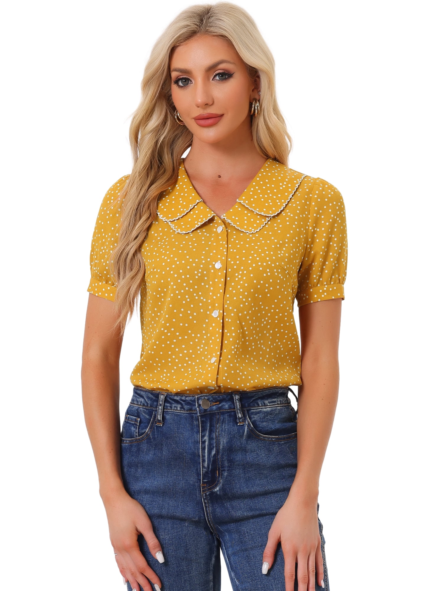 DARING DIVA Women's Polka Dots Peter Pan Collar Puff Sleeve Shirt S Mustard