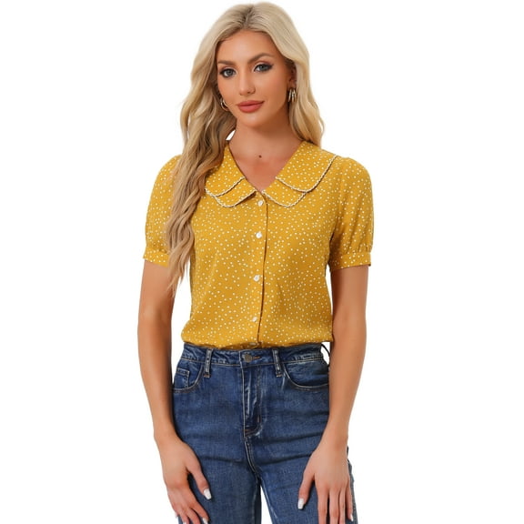 DARING DIVA Women's Polka Dots Peter Pan Collar Puff Sleeve Shirt S Mustard