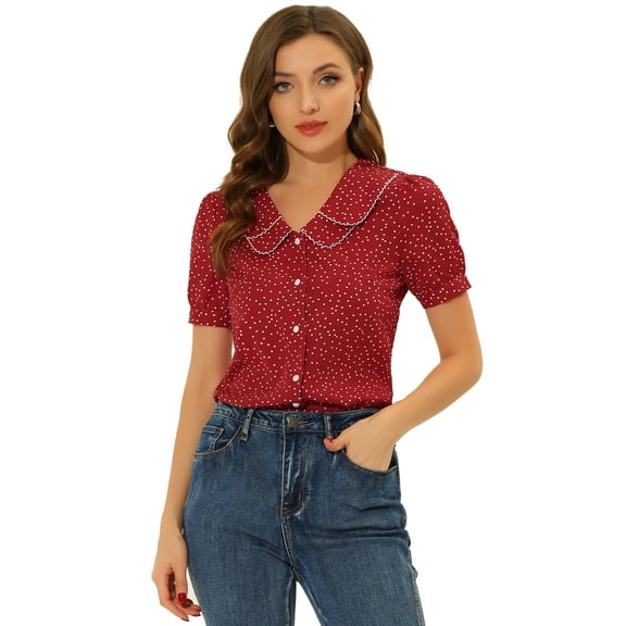 DARING DIVA Women's Polka Dots Peter Pan Collar Puff Sleeve Shirt S Red