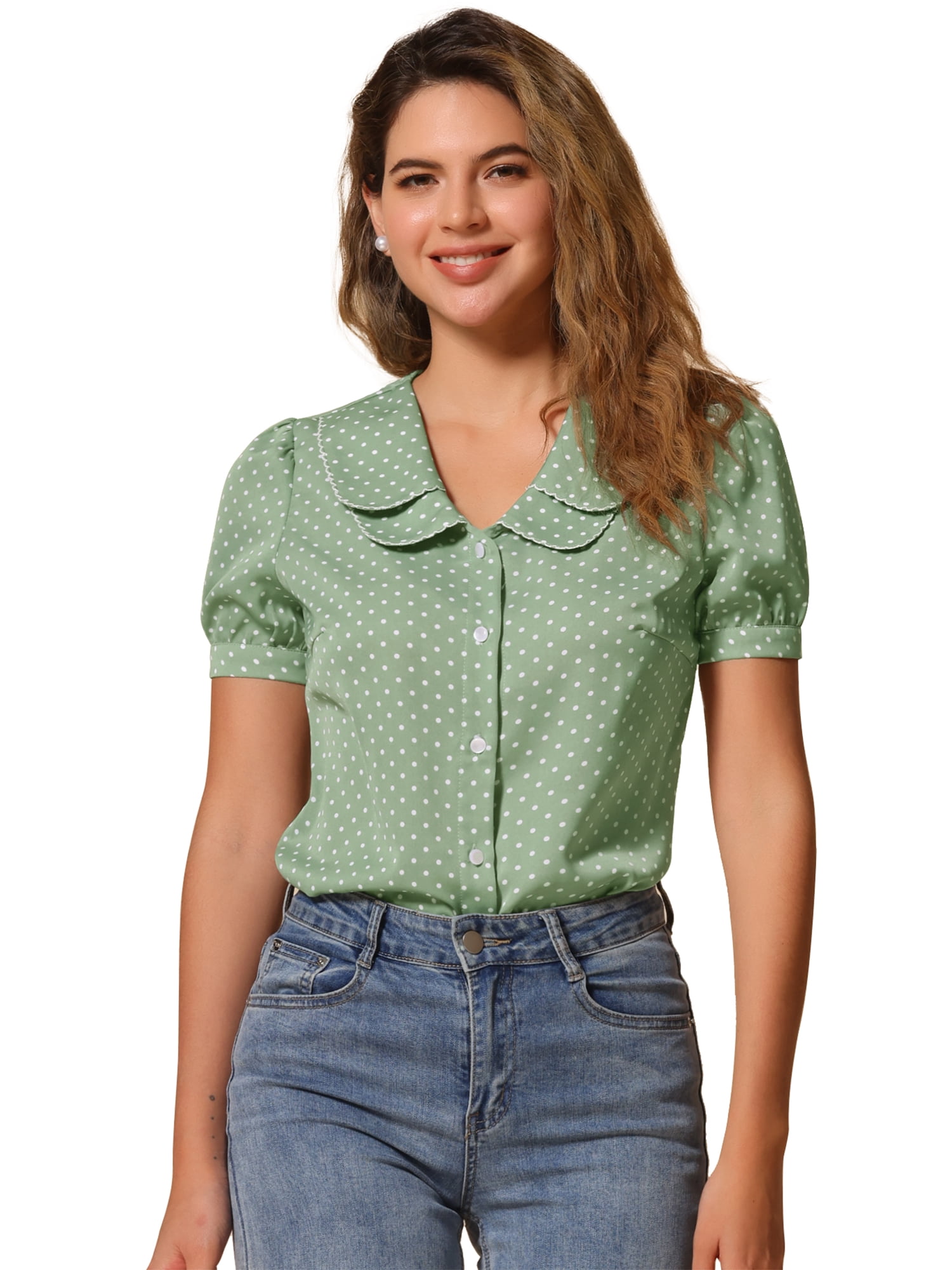 DARING DIVA Women's Polka Dots Peter Pan Collar Puff Sleeve Shirt Top L Light Green