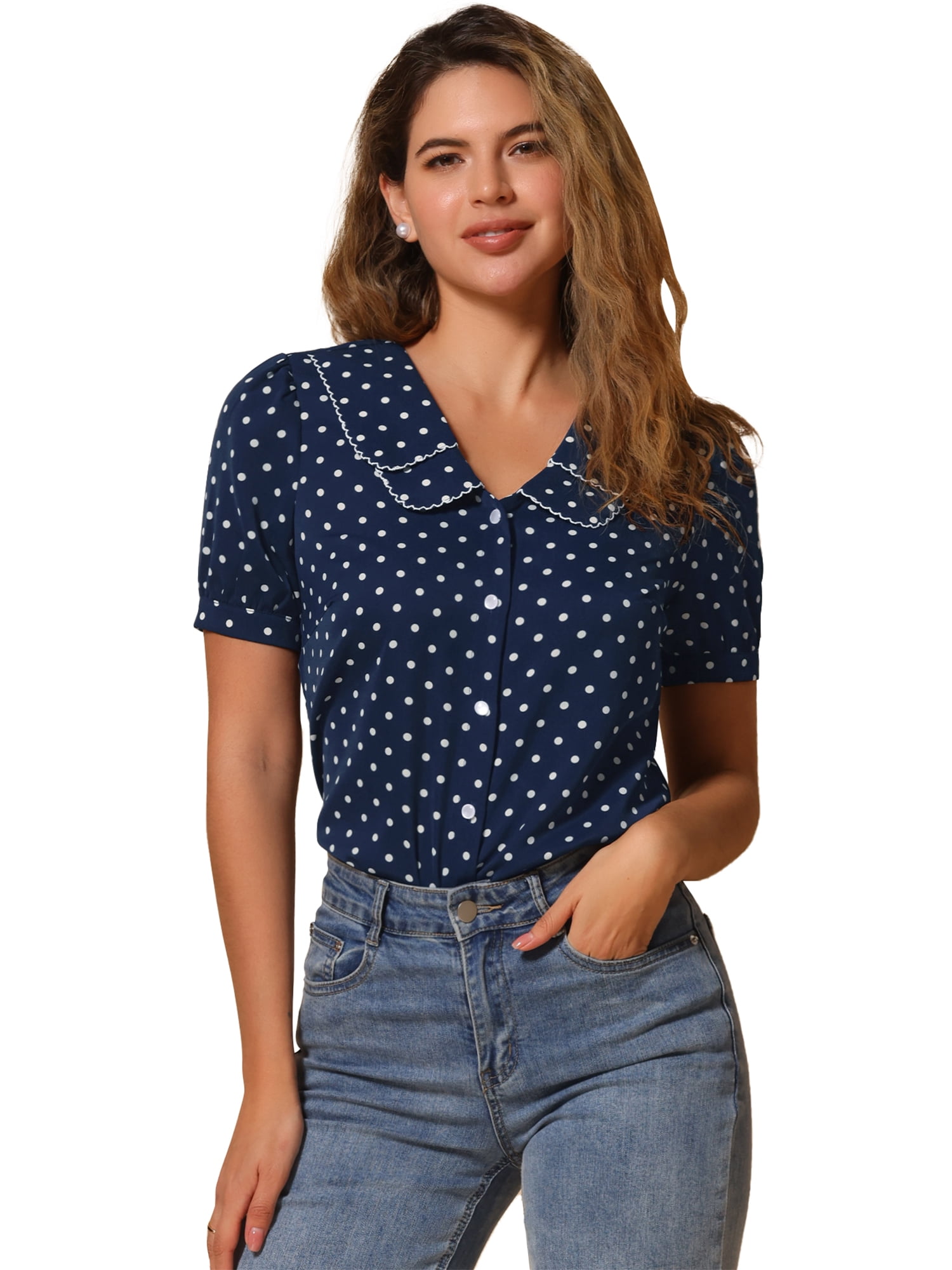 DARING DIVA Women's Polka Dots Peter Pan Collar Puff Sleeve Shirt Top S Dark Blue
