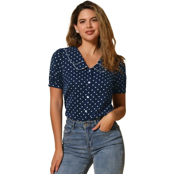 DARING DIVA Women's Polka Dots Peter Pan Collar Puff Sleeve Shirt Top XS Dark Blue