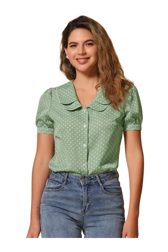 Women's Polka Dots Peter Pan Collar Puff Sleeve Shirt Top XS Light Green