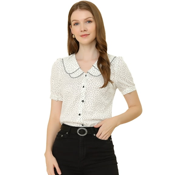 DARING DIVA Women's Polka Dots Peter Pan Collar Puff Sleeve Shirt XL White