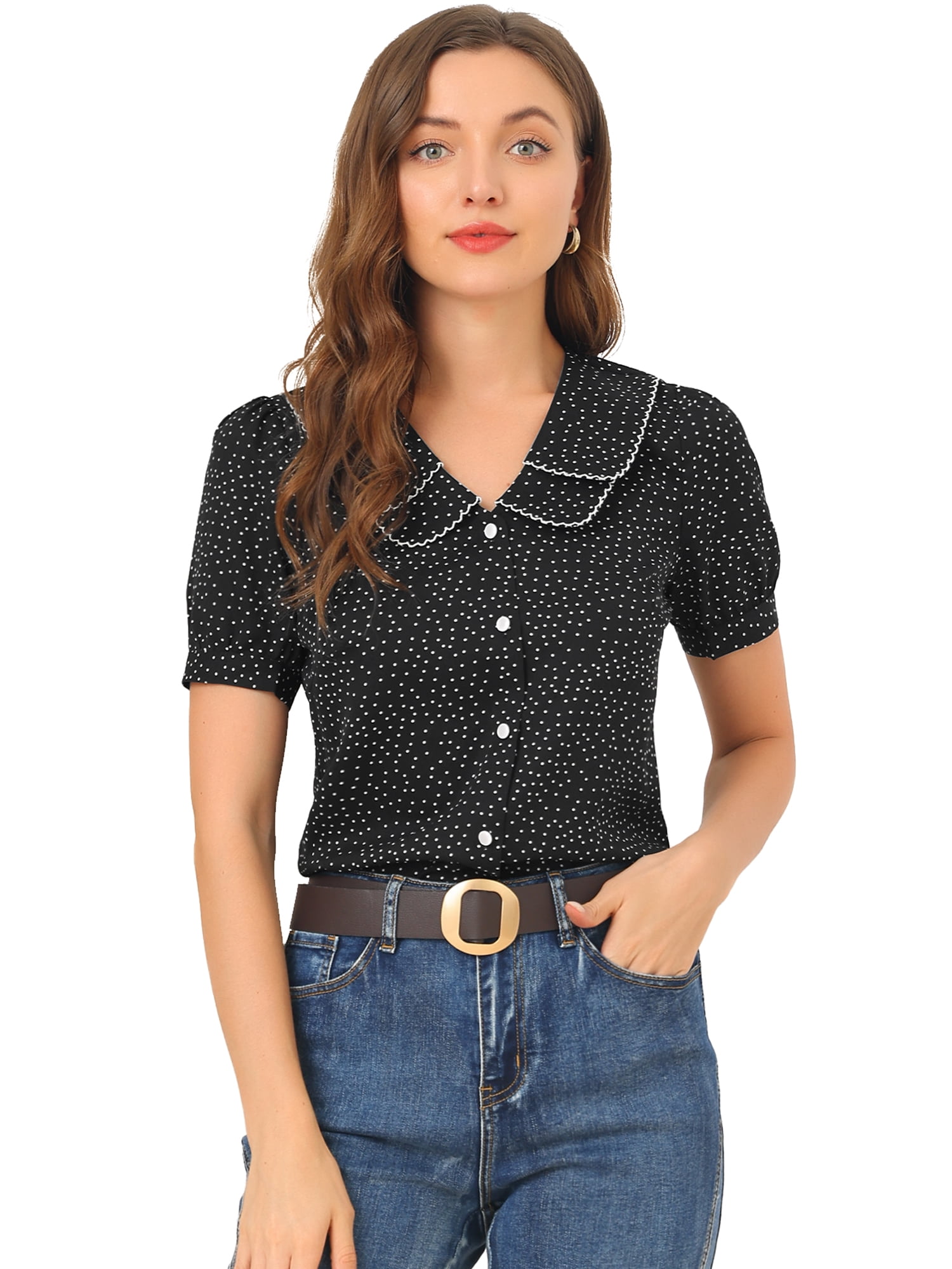 DARING DIVA Women's Polka Dots Peter Pan Collar Puff Sleeve Shirt XS Black