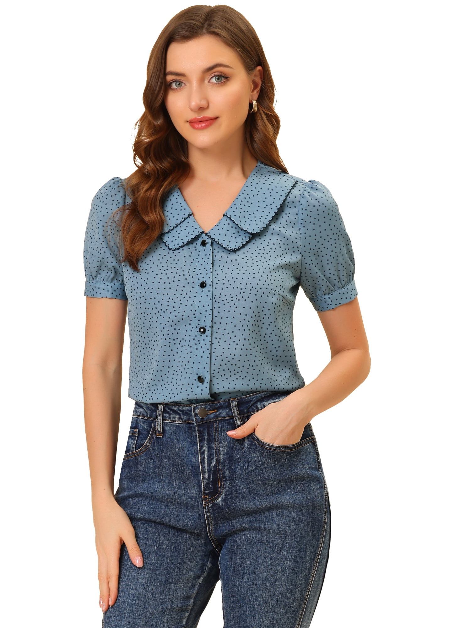 DARING DIVA Women's Polka Dots Peter Pan Collar Puff Sleeve Shirt XS Blue