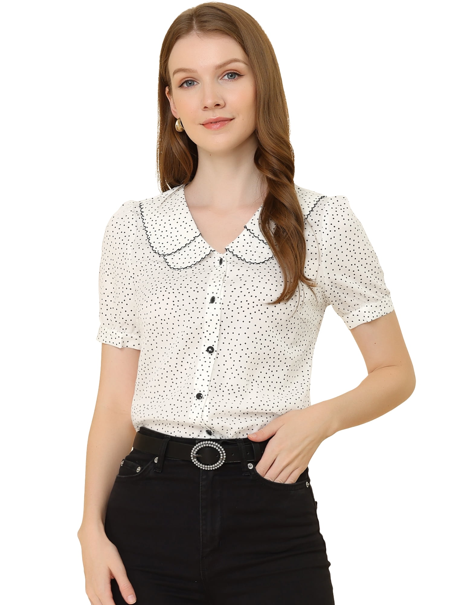 DARING DIVA Women's Polka Dots Peter Pan Collar Puff Sleeve Shirt XS White