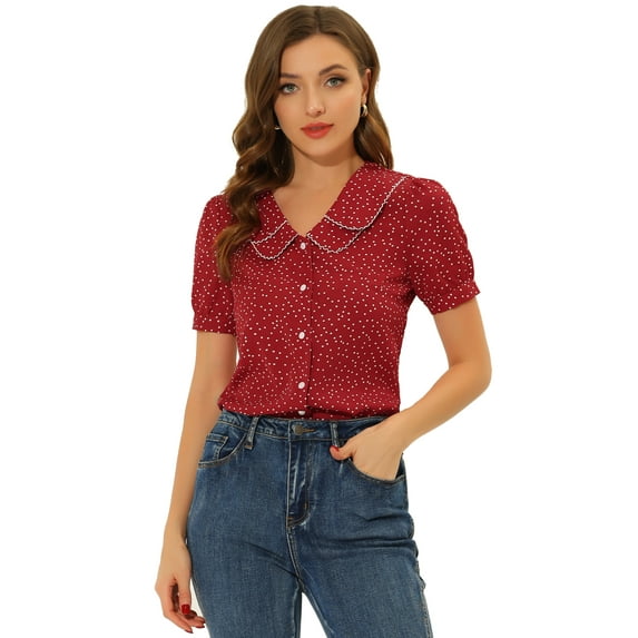DARING DIVA Women's Polka Dots Peter Pan Collar Puff Sleeve Shirt XXL Red